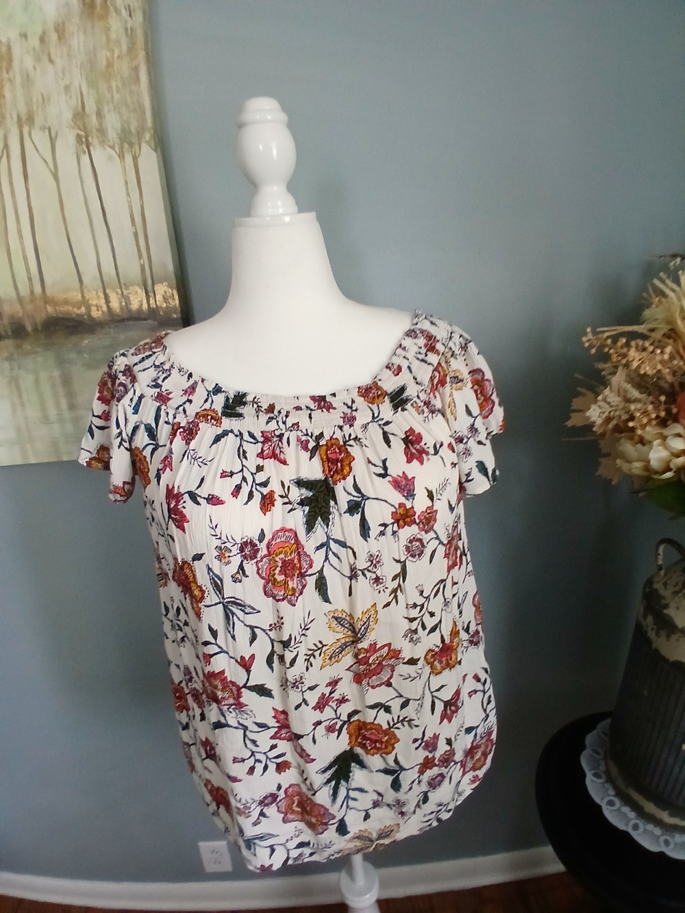 Old Navy White Off-Shoulder Floral Blouse with Red and Yellow Accents